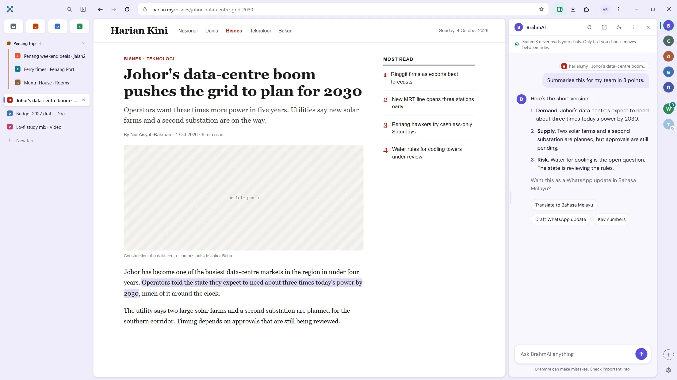 A BrahmiX window: a news article on the left and BrahmAI open in the Hub on the right, summarising it.
